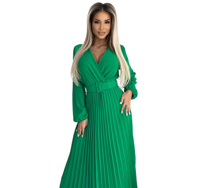 VIVIANA - Světle zelené dámské plisované midi šaty s výstřihem, dlouhými rukávy a se širokým opaskem 504-4