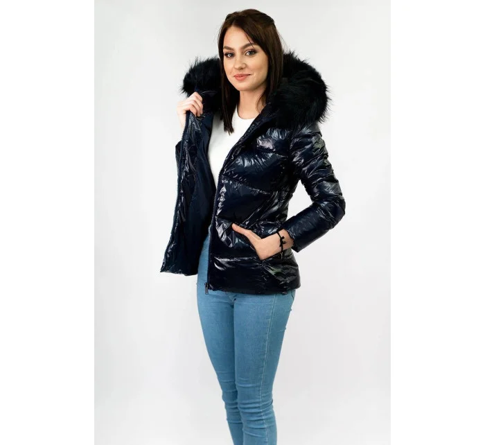 Tmavě modrá lakovaná dámská prošívaná bunda (7693)