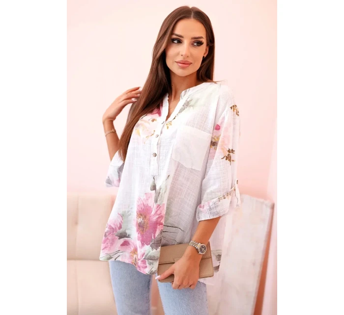 Dámská blůza z bavlny s květinovým vzorem a knoflíky - bílá