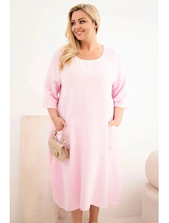 Dámské šaty Plus Size z viskózy s kapsami a krátkým rukávem bonbónově růžová