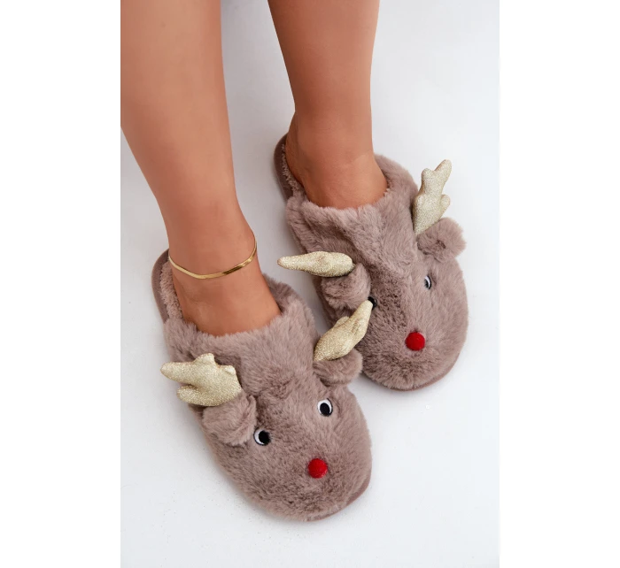 Vánoční Pantofle S Motivem Sobíka Kožešinové Tmavě Béžové Asielle Vánoční Pantofle S Motivem Sobíka Kožešinové Tmavě Béžové Asielle