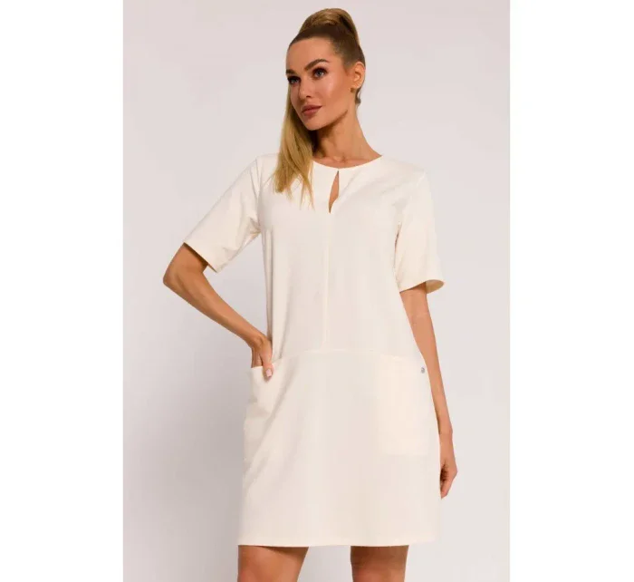 M788 Trapézové šaty s předními kapsami - krémové M788 Trapézové šaty s předními kapsami - krémové