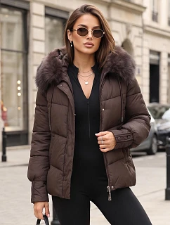 Dámská prošívaná bunda s kožešinovou kapucí, švestková, FashionStreet TY5891