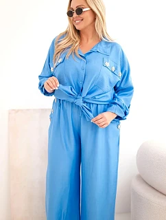 Dámský Plus Size komplet s košilí a širokými kalhotami džínový
