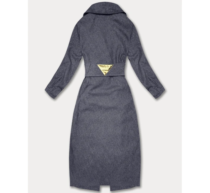 Tmavě modrý dlouhý pruhovaný dámský kabát s páskem S'West (B8542-26)