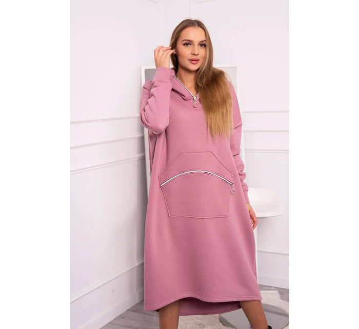 Zateplené šaty s kapucí tmavě růžové