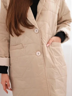 Dámská bunda Plus Size prošívaná s ozdobnými knoflíky a límcem jasno béžová