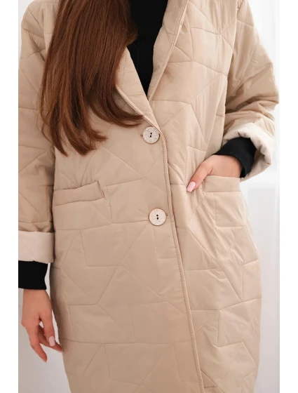 Dámská bunda Plus Size prošívaná s ozdobnými knoflíky a límcem jasno béžová