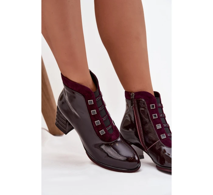 Lakované dámské kotníky z pravé kůže na podpatku D&A CR52-696 bordó