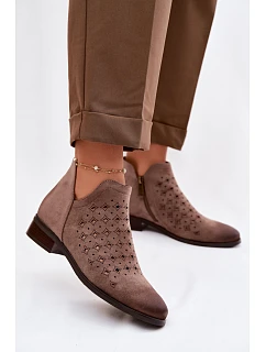 Dámské perforované kotníkové boty na nízkém podpatku Vinceza 58626 tmavě béžové