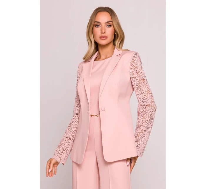 M865 Blejzr s krajkovými panely a jedním knoflíkem - pudrový