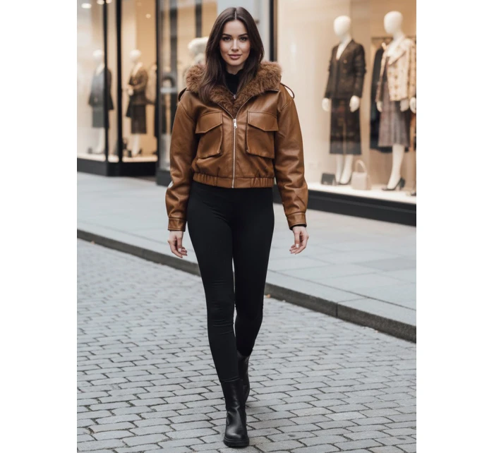 Dámská kožená bunda s kožešinou hnědá model 21995411 - Dstreet