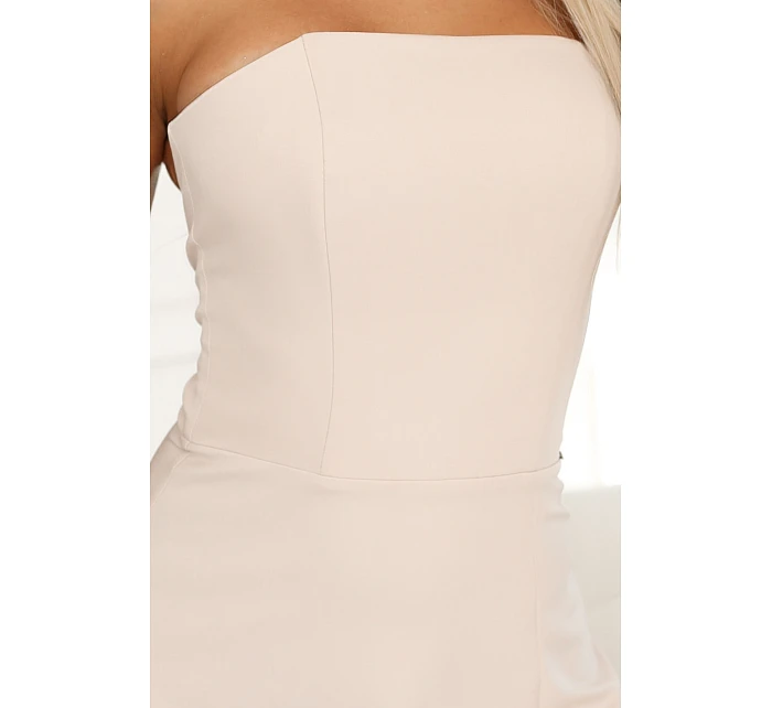 663-1 ELARA korzetové maxi šaty s rozparkem a zavazováním na zádech - béžové