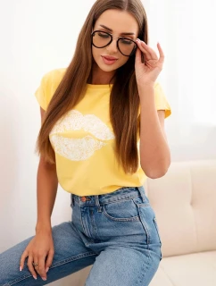 Dámská bavlněná blůza s krátkým rukávem a potiskem rtů žlutá