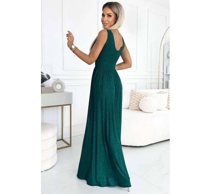 490-3 SUSAN Dlouhé brokátové šaty s výstřihem a prošíváním v pase - BOTTLE GREEN 490-3 SUSAN Dlouhé brokátové šaty s výstřihem a prošíváním v pase - BOTTLE GREEN