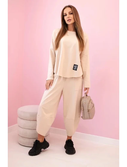 Bavlněná mikina kalhoty set tmavě béžová