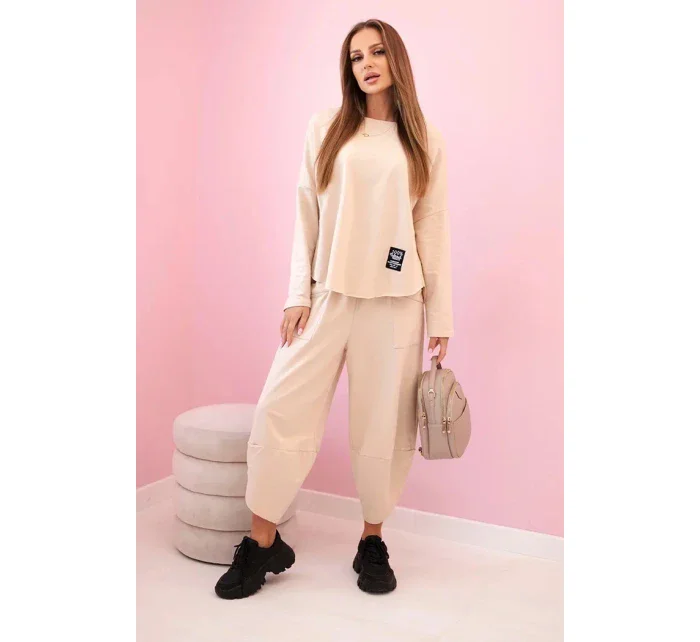 Bavlněná mikina kalhoty set tmavě béžová