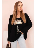 Dámská blůza z viskózy s dlouhým rukávem a zlatým květinovým potiskem černá