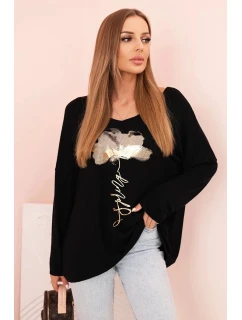 Dámská blůza z viskózy s dlouhým rukávem a zlatým květinovým potiskem černá