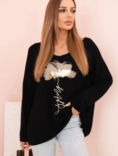 Dámská blůza z viskózy s dlouhým rukávem a zlatým květinovým potiskem černá
