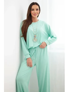 Dámský komplet z model 21951985 mikina s přívěskem a široké kalhoty mentolová - K-Fashion