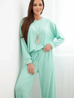 Dámský komplet z viskózy, mikina s přívěskem a široké kalhoty mentolová