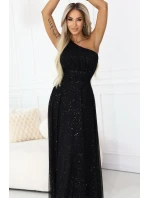 model 21941593 Dlouhé třpytivé večerní šaty na jedno rameno klasické černé - numoco basic