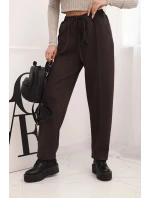 Elegantní dámské kalhoty s vysokým pasem a šněrováním v pase hnědé Elegantní dámské kalhoty s vysokým pasem a šněrováním v pase hnědé