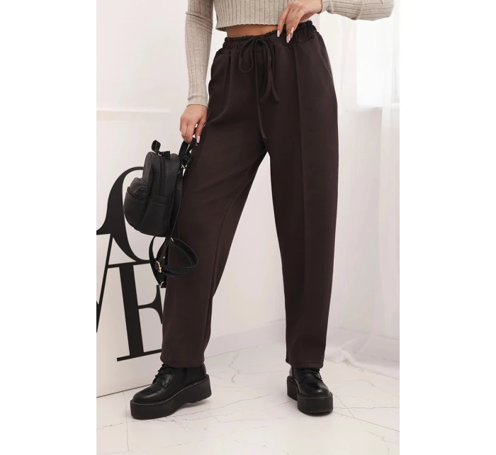 Elegantní dámské kalhoty s vysokým pasem a šněrováním v pase hnědé Elegantní dámské kalhoty s vysokým pasem a šněrováním v pase hnědé