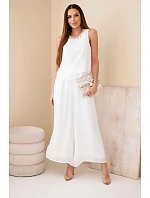 Dámský komplet z viskózy s topem bez rukávů a širokými kalhotami s ozdobným zakončením ecru