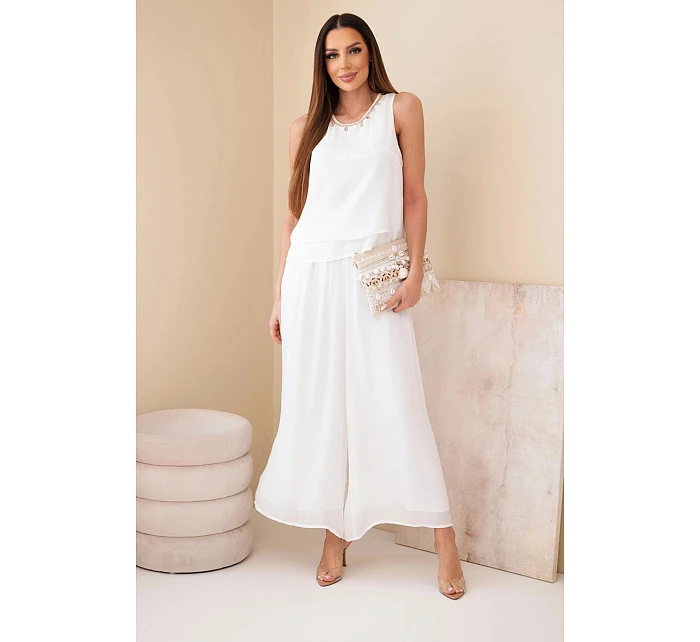 Dámský komplet z viskózy s topem bez rukávů a širokými kalhotami s ozdobným zakončením ecru