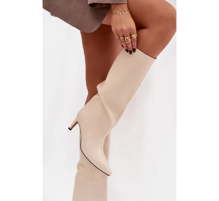 Dámské nazouvací kozačky na jehlovém podpatku Olivienne – světle béžové Dámské nazouvací kozačky na jehlovém podpatku Olivienne – světle béžové