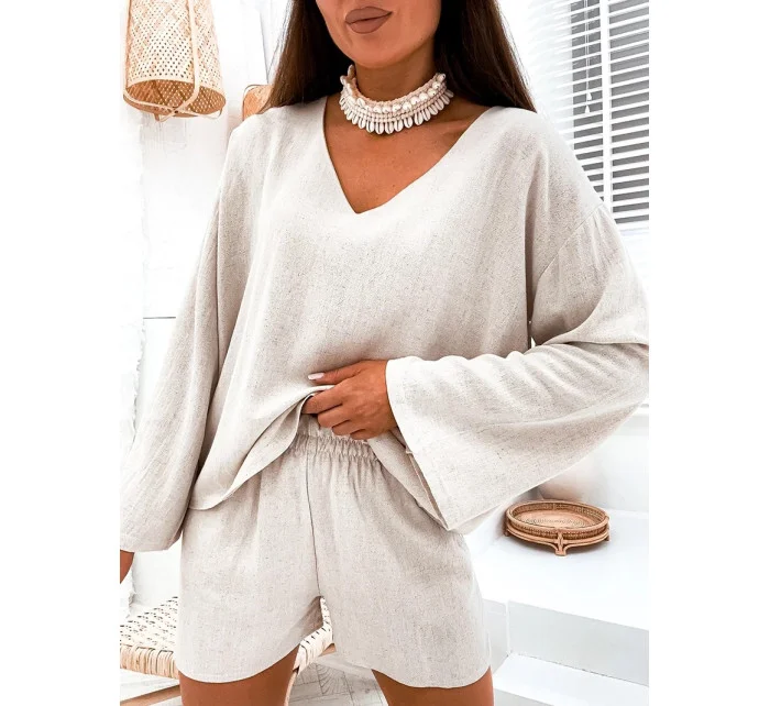 Béžový lněný dámský komplet - oversize halenka a šortky (752) Béžový lněný dámský komplet - oversize halenka a šortky (752)