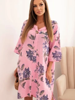 Dámská bavlněná šaty s květinovým vzorem a 3/4 rukávem světle růžová