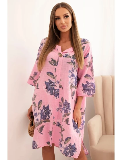Dámská bavlněná šaty s květinovým vzorem a 3/4 rukávem světle růžová