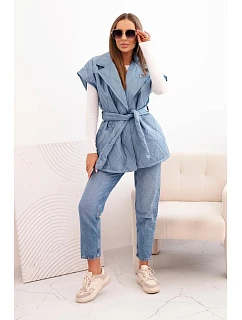 Dámská prošívaná vesta s páskem a širokým límcem džínová