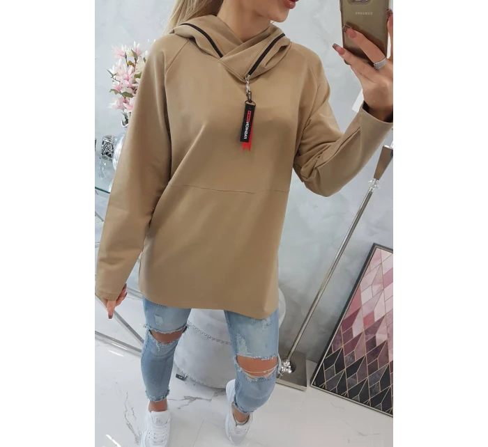 Oversize velbloudí tunika na zip s kapucí