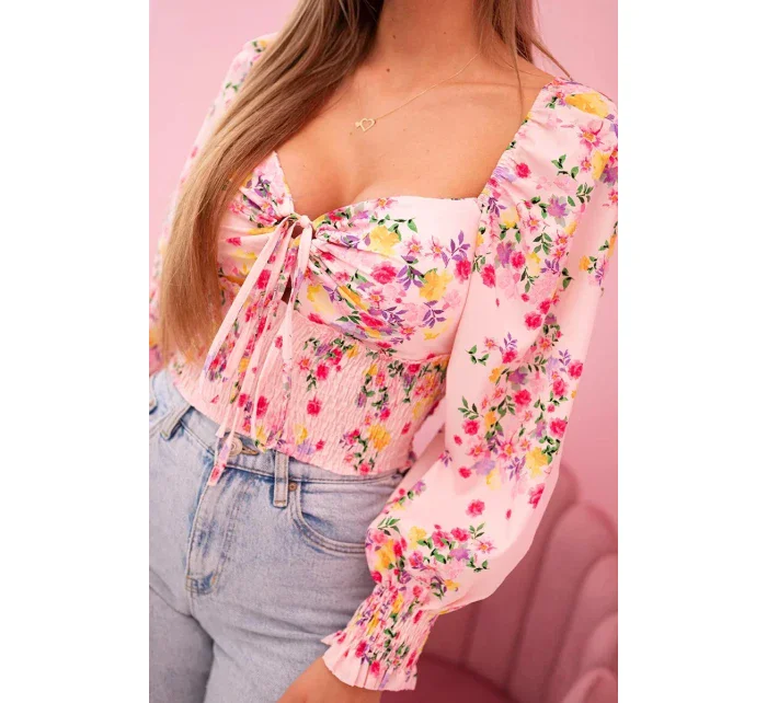 Dámská španělská halenka s květinovým vzorem, dlouhý rukáv světle růžová