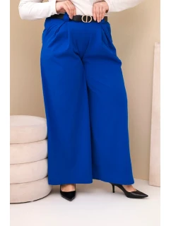 Dámské kalhoty Plus Size viskózové s širokými nohavicemi a páskem chabrové