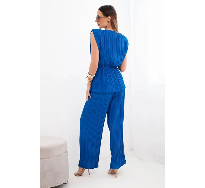 Dámský viskózový plisovaný komplet s halenkou na zavazování a širokými kalhotami chrpový Dámský viskózový plisovaný komplet s halenkou na zavazování a širokými kalhotami chrpový