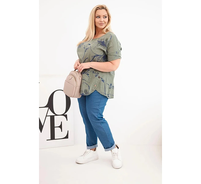 Dámská bavlněná halenka Plus Size s krátkým rukávem a kapsou khaki Dámská bavlněná halenka Plus Size s krátkým rukávem a kapsou khaki