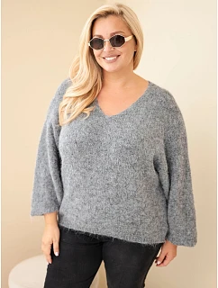 Dámský svetr Plus Size s výstřihem do V a širokým rukávem šedý