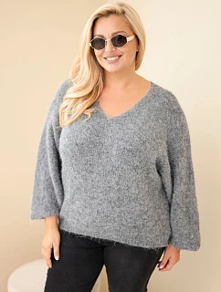 Dámský svetr Plus Size s výstřihem do V a širokým rukávem šedý