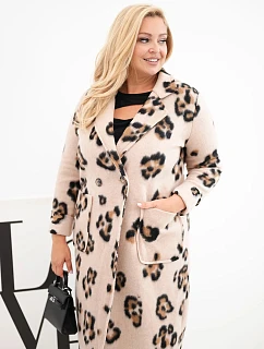 Dámský elegantní kabát Plus Size s klopami leopardí béžový