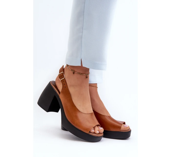 Zazoo 40376 Kožené Sandály Na Masivním Podpatku Hnědé