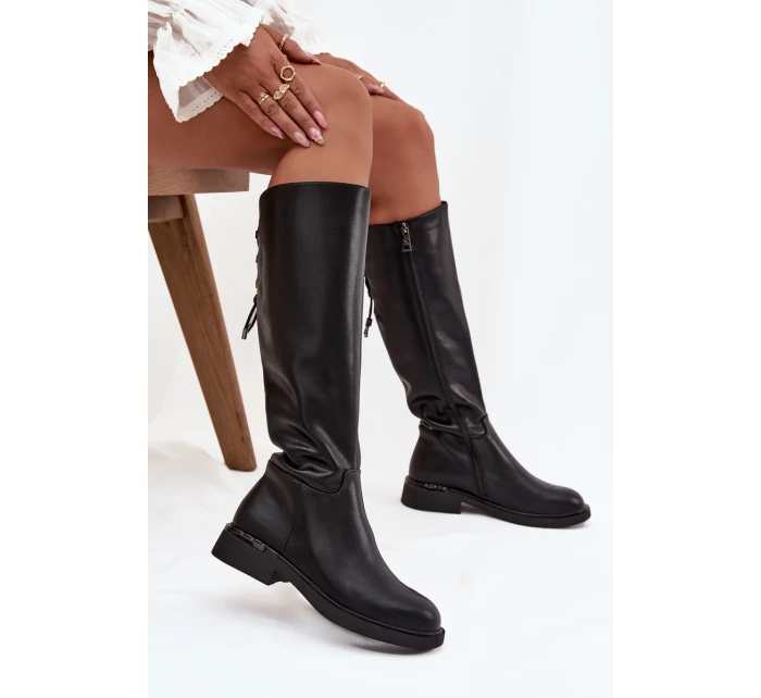 Zateplené dámské kozačky z pravé kůže na nízkém podpatku model 21713362 Černé - VINCEZA