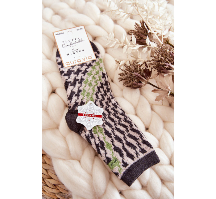 Dámské teplé ponožky s vertikálními vzory šedými a zelenými