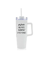 PRÁCE NEUTEČE, KÁVA VYSTYDNE! - bílý cestovní termohrnek s průhledným víčkem 900 ml