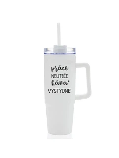PRÁCE NEUTEČE, KÁVA VYSTYDNE! - bílý cestovní termohrnek s průhledným víčkem 900 ml