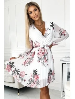 Bílé dámské plisované šaty se vzorem výstřihem, dlouhými rukávy a páskem model 22077518 - numoco basic